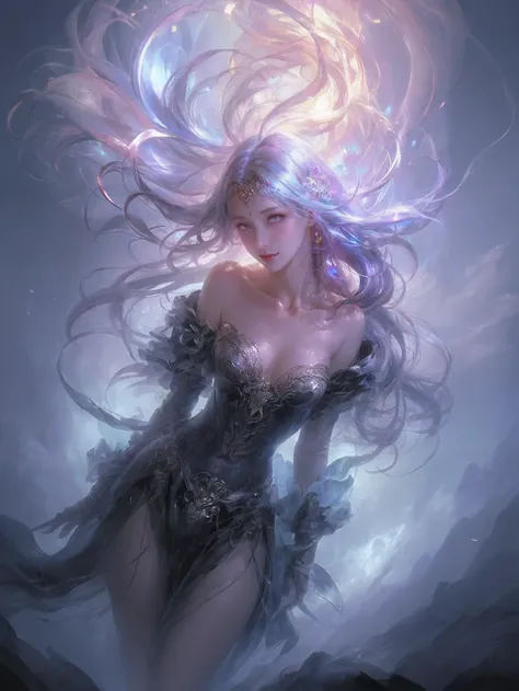 (best quality, high resolution, super detailed, actual, photo-actual), digital painting, bright colors, mysterious atmosphere, dark background, glowing eyes, charming expression, flowing hair, ethereal beauty, floating ghostly figure, intricate jewelry, Ch...