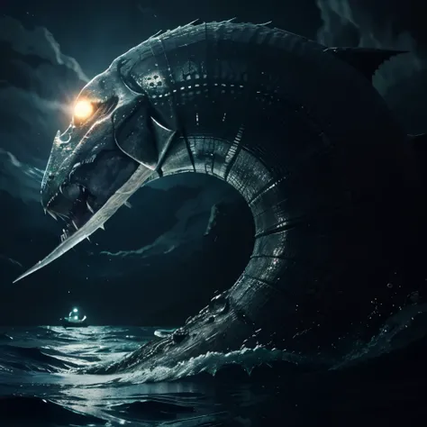 Make a horrifiyng leviathan like serpent many kilometers long lurking unterwater looking at a submarine full off its prey extending its tail to grab it while its eyes glow and fangs shine in moonlight while a hurricane is forming as its eyes start to glow ...