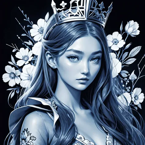 Blue and red stick figure 1 girl with flowers,  lots of flowers in background, in queen dress with flowers, its fine ink line art, comic style, portrait of ploynesian girl, Gigi Hadid, Hollywood glam, holding swords, wearing crown, beautiful line art, blue...