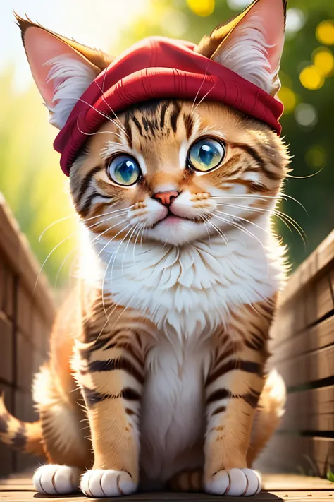 A little cat with a quaint red cap perched on its head engages in playful antics during the light golden hour. The sun casts a warm, mellow glow over the scene, bathing the surroundings in a rich, inviting light. The cats full-body view is elegantly render...