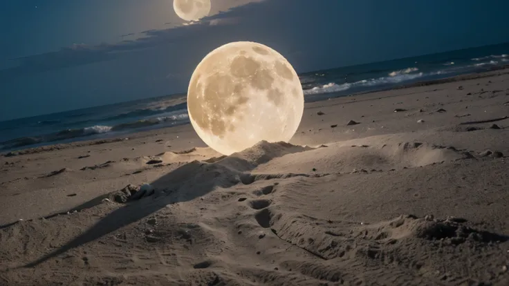 Ridiculous, high resolution, moon on the beach, 1 year old baby girl, Cartoon, sleep on the moon, natural beach background, high angle, Nine small moons scattered around the beach, bright colors, fine details