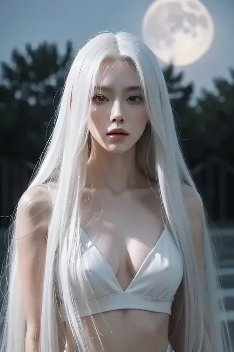 masterpiece, highest quality, (alone focus), (perfect face:1.1), (high detail:1.1),dramatic, (an alluring albino angel guy with long flowing pure white hair and piercing White eyes),1 person, (white skin), long hair, White eyes,  alone, long hair, moon, ni...