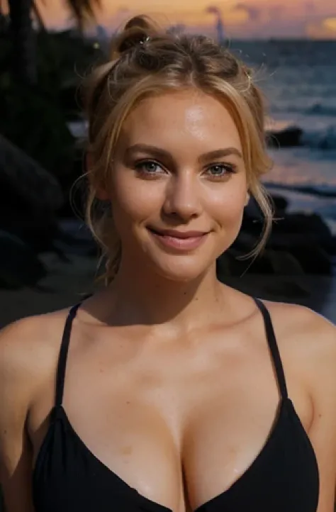 a full-body portrait of a woman, 30 years old, blonde hair, hair in a bun, clear eyes, big natural breasts, smiling, Sitting on the sand, looking out at the ocean, on a beach at sunset with colorful skies, wearing a black bikini