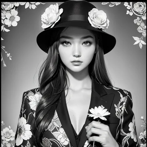 Black and white stick figure 1 girl with flowers,  lots of flowers in background, Office Suit , its fine ink line art, comic style, portrait of ploynesian girl, Gigi Hadid Hollywood glam, hand holding A GUN, Wearing Fedora Hat, beautiful line art, black an...