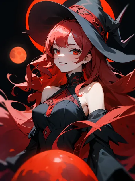 Masterpiece, best quality, 1 female, teenager, delicate eyes, long red curls, delicate face, intricate details, crazy smile,, black witch dress, wizard hat, dark night, red moon, black background,, bare shoulders, red horns, crazy eyes
