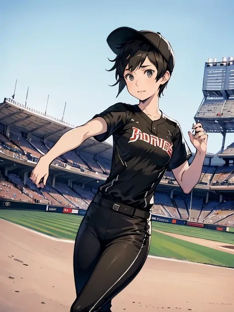 1girl, tomboy, short hair, black hair, pixie cut, freckles, baseball uniform, baseball hat, background baseball stadium