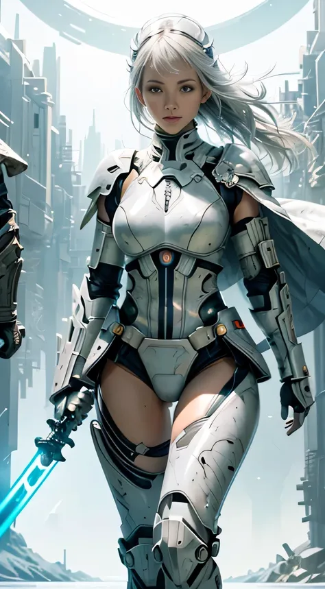 Amazing and clean character image with all-white futuristic armor（clan，marbled），With a lightsaber（with light glowing）expose arms、bshoulders、upper legs、nabel，Clean white background with sci-fi circle