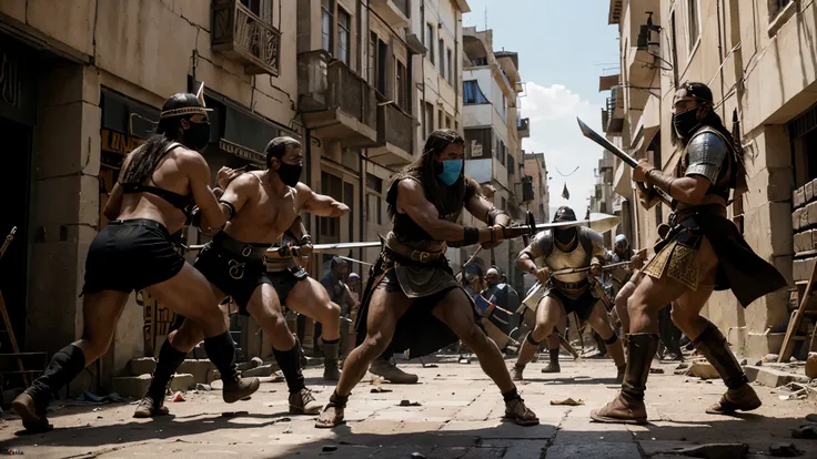 A high-resolution depiction of a fierce battle between a group of ancient Hebrews and their adversaries. The scene takes place in a bustling city, with crumbling buildings and narrow streets. The Hebrews are dressed in traditional garb, wielding swords and...