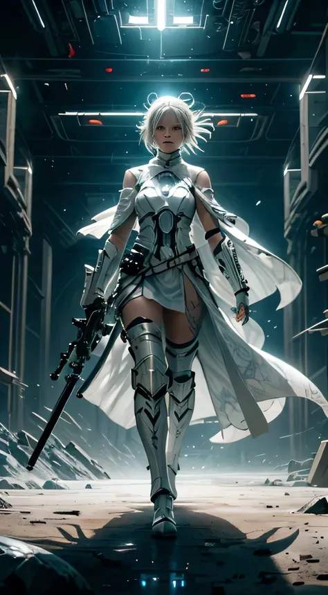 Amazing and clean character image with all-white futuristic armor（clan，marbled），With a lightsaber（with light glowing）expose arms、bshoulders、upper legs、nabel，Clean white background with sci-fi circle