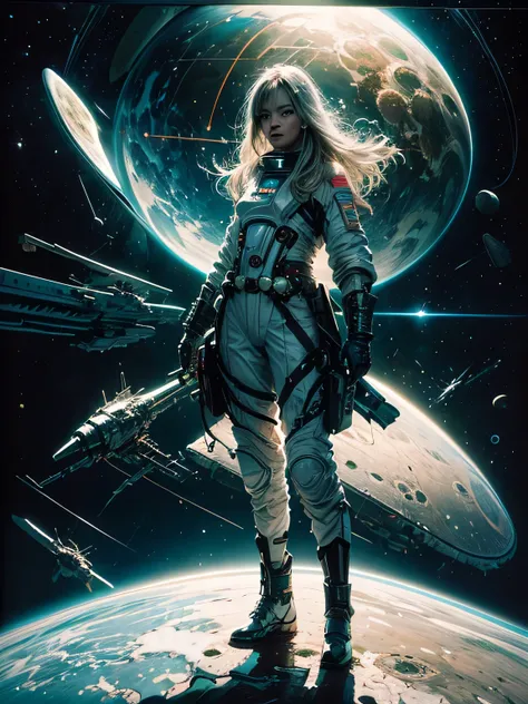 master-piece，1 monk warrior girl with white tech suit clothes，White long hair，laces，Abstract retro sci-fi background，art of moebius，Ashley Woods art，dynamicpose，Wandering Earth，Space Starry Sky