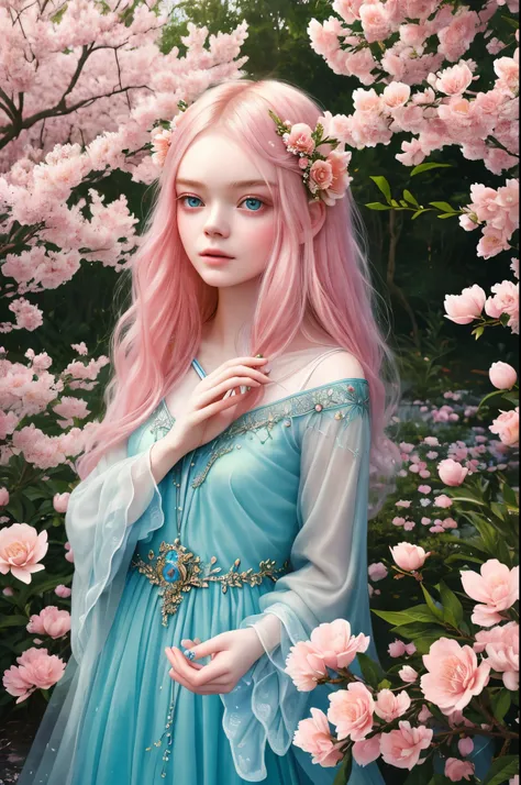 Looks like Elle Fanning, stunning beauty, 45 years old, (best quality, highres, masterpiece:1.3), pierced eyes, ultra-detailed, vibrant colors, ethereal atmosphere, magical portrait, enchanted garden, blooming peach blossoms, mystical fairy, ancient enchan...