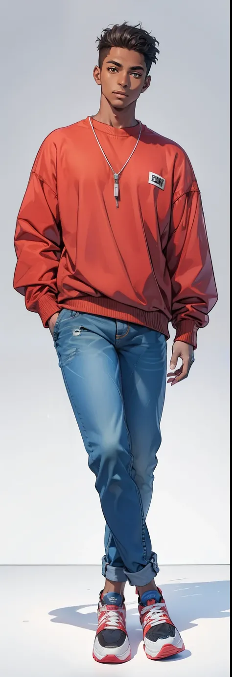 (plain background). dark-skinned guy, (red sweater:1) jeans and sneakers