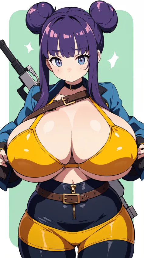 Slime girl, (slime), Slime hair Double buns hair style, Pumpkin Orange, weapon belt, Masterpiece, Best Quality, gigantic breasts, slime girl, slime girl, purple hair, lavender hair, yellow clothes, weapon belt around waistline, wearing yellow clothing, pis...