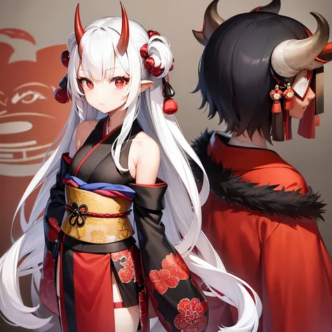 Japanese kimono red and black. Fair skin. 16 year old girl. Red eyes. White hair. Oni. Verticle horns. Shoulders showing. 1 person