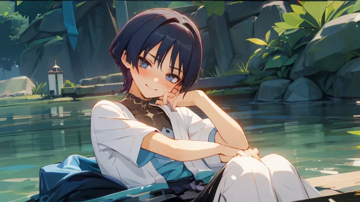 Relaxed face but arrogant with a blush, laying on a water while his clothes almost reveal