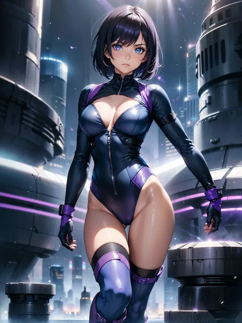 1girl. solo, solo focus, mature woman, superhero, (leotard, dark blue leotard witk purple accents, bare legs, boots, gloves), (inside a large atom, light particles), hand on hip, city backdrop, standing, black hair, dark blue eyes, short hair, bob hair, ch...