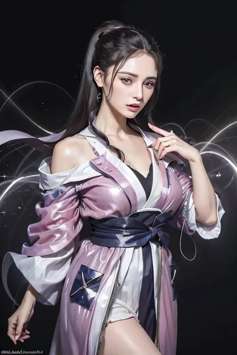 (dramatic digital artwork:1.3) of,(full of energy:1.3) portrait of female (Snezana Sakovic 2:1.1) wearing a kimono, Style-Silva Magic, おしゃれな女of子,cgsociety,art station、no makeup、skinny、Glittering lighting