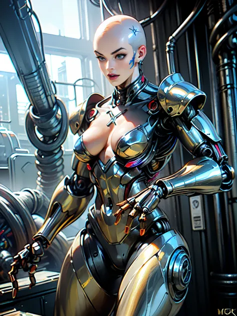 (beautiful muscular female cyborg:1.25), (megan-fox:1.5), (full body pose), (metallic muscular armor:1.5), (no hair), (bald head covered in cables:1.5), (robotic mechanical physique:1.5), (super muscular female cyborg:1.5), (covered in cables and mechanica...