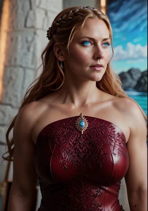 Full body Portrait of the Great Nordic Queen, a very gorgeous woman, 40 years old, erotic warrior costumes, dark red styled fluffy hair, natural Blue eyes, a nose with a bump, an elongated chin, dressed in ancient national,
8k resolution, dynamic lighting ...