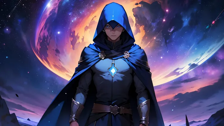 A man, head is a universe full of stars, he has only one bright blue eye, he wears a hood and cape, his clothes are a mix of blue and purple, he is in the center of the universe wandering alone