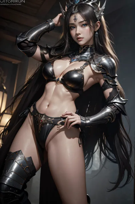 (( masterpiece : 1.2 )), ((8k res )), ((ultra-detailed , ultra realistic : 1.2)) ,clean images ,(( Portrait of a female queen half body wearing sexy dark armor , photo realistic , background : battleground )) , colossal boobies , nice butt , nice thigh ,((...