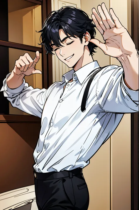 Handsome male with black hair clapping to the viewer while smiling, eyes closed, white shirt and black pants
