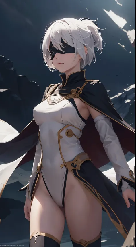 (extremely detailed CG unity 8k wallpaper), (masterpiece), (best quality), (ultra-detailed), (best illustration), (best shadow), (absurdres), 2b, 1girl, short hair, short ponytail, normal size , white hair, blindfold solo, Intimidating women, skimpy admira...