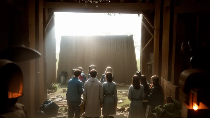 people standing in a barn with a light coming through the window, photo still of behind view, inside a barn, set photo, opening scene, scene!!, wide film still, shot from danis villeneuve movie, moviestill, light coming through, shafts of sunlight in the c...