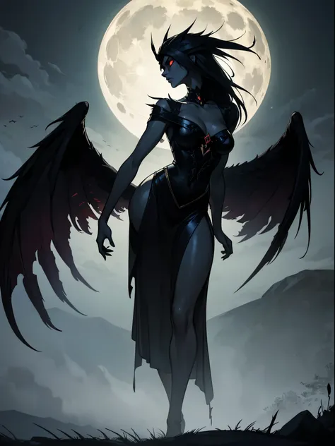 (best quality,4k,8k,highres,masterpiece:1.2),ultra-detailed,(realistic,photorealistic,photo-realistic:1.37),demon raven,gothic,dark,ominous presence,feathers flowing in the wind,blood-red eyes,sharp claws,glistening black feathers,ancient symbols,haunting ...