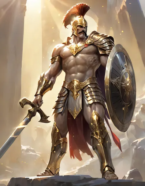 (best quality,highres,ultra-detailed,realistic),shiny,golden armor,impressive,strong,fierce expression,sharp eyes,defined muscle...