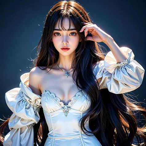 highest quality、masterpiece、(realistic:1.2), (((18-year-old, , Mature face)))、super long wavy hair、black hair color, bangs between the eyes、white skin、glowing skin、 puff sleeve princess dress、cottage core、 frontage、detailed face、so beautiful、Sparkling vivi...