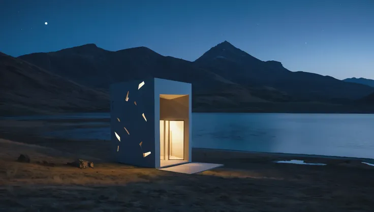 A modern architectural cubic structure with irregularly shaped holes illuminated from within at night, a person standing in the doorway, and a body of water in the foreground with mountains in the background