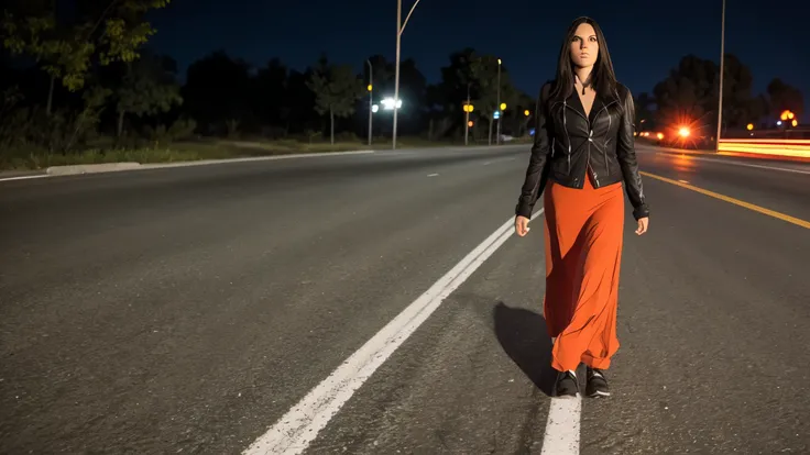 A scary woman in the middle of the road at night