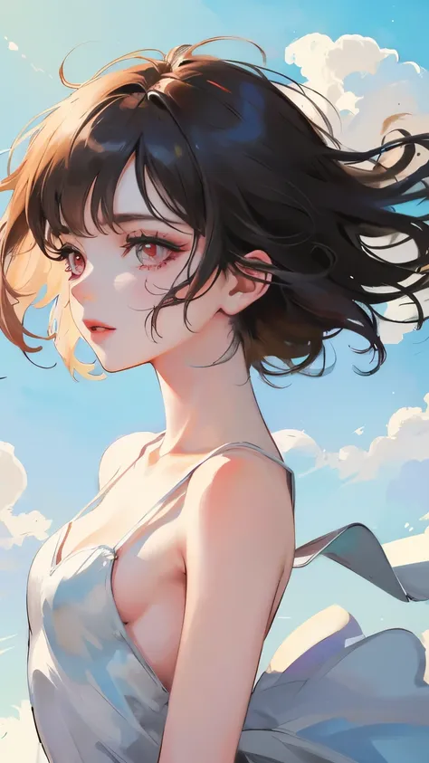 young girl　black hair　short hair　red eyes　irreverent face　look down　thin body　thin thighs　small breasts　small ass　toned body　blue sky　cloud　hair blowing in the wind　high quality　High resolution　8k　vampire　watercolor　natural feel　bridge of the nose　((最high ...