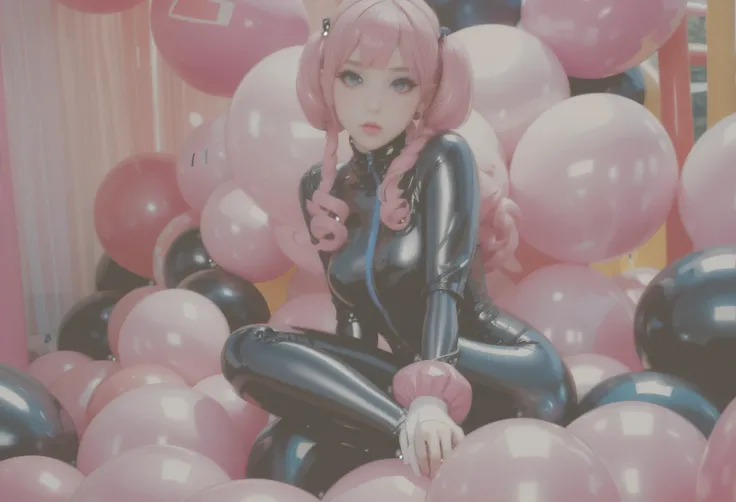 Lovely japanese with cute round face and pouty lips, wearing pink latex outfit with black inflatable sleeves, long pastel pink hair with blue highlights, gorgeous face, pouty lips, squatting over a clear pink inflatable peanut, pink cosplay, pink iconic ch...