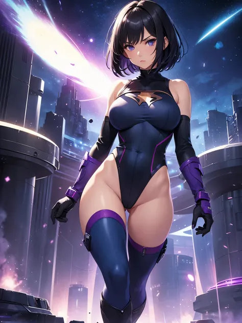 1girl. solo, solo focus, mature woman, superhero, (leotard, dark blue leotard witk purple accents, bare legs, boots, gloves), ((inside a large atom)), ((light particles)), hand on hip, city backdrop, standing, black hair, dark blue eyes, short hair, bob ha...