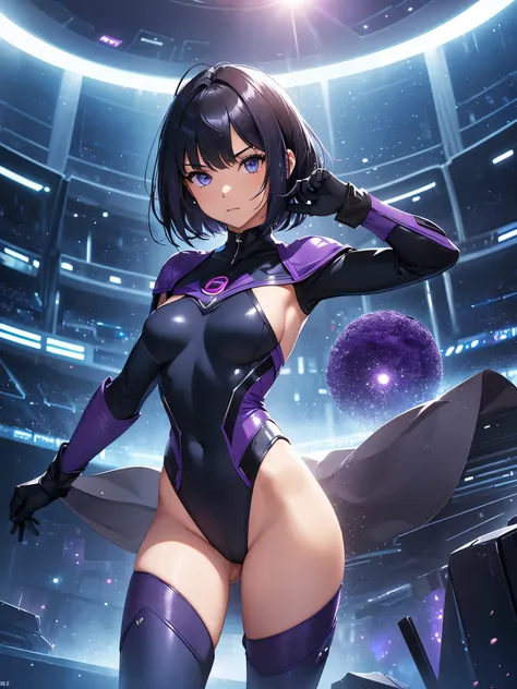 1girl. solo, solo focus, mature woman, superhero, (leotard, dark blue leotard witk purple accents, bare legs, boots, gloves), ((inside a large atom)), ((light particles)), hand on hip, city backdrop, standing, black hair, dark blue eyes, short hair, bob ha...