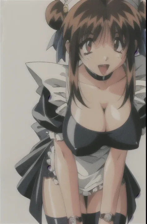 look, 1 girl, alone, hair ribbon, maid headdress, choker, maid dress, short sleeve, apron, watch, garter strap, Thighhighs, tooth, closed one eye, open your mouth, 1990s (style), cleavage, 視聴者をlookいる, leaning forward, cowboy shot, retro artstyle, smile 