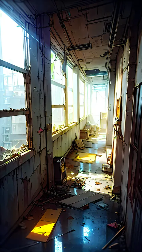 masterpiece, best quality, (abandoned futuristic office), (suspense environment), cement stairs, worn walls, cracks, cables, abandoned boxes, garbage and papers on the floor, pipes, bulbs (volumetric yellow light), window with broken glass, (dense fog), vo...