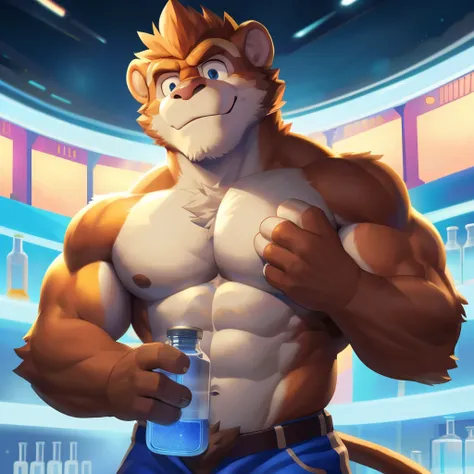 Animated monkey with a full, muscular build triumphantly stands before the audience, clutching two flasks tightly in his hands. His delicate face is etched with lines of deep concentration as his intricately detailed fur cascades down his back. The highest...