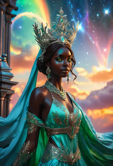 Four people in a celestial landscape, two ((((darkskinned))) couples, two young dark-skinned couples in their 20s, they are in love, the first ((((darkskinned))) couple is an imperial duke with gray eyes and a dark-skinned red-haired celestial priestess wi...