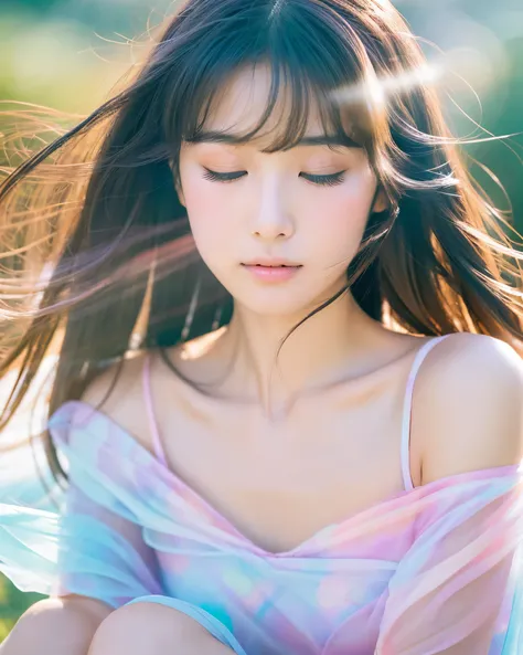 beautiful japanese woman, Mysterious girl wearing a transparent cloth, knee shot, Unforgettable fantasy portrait in abstract style, Crystals decorating hair, In a swirl of fantastic pastel colors and soft light, Evoking a sense of tranquil serenity and elu...