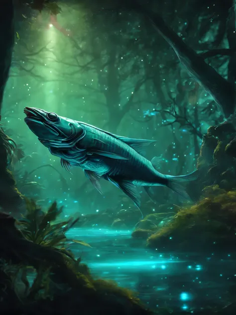 Realistic Fish swimming through animated and glowing forest trees