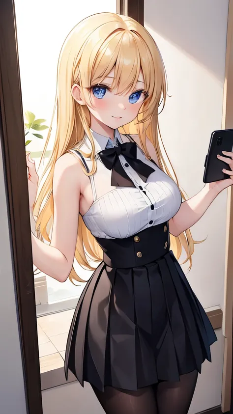 masterpiece, {{{{Highest quality}}}}, 16K, beautiful,1 girl, blonde_hair, {pleated_skirt(black)}, {bare_shoulders(White)},  sleevesless, cleavage, {pantyhose(black)}, {{{seductive smile}}}, selfee、