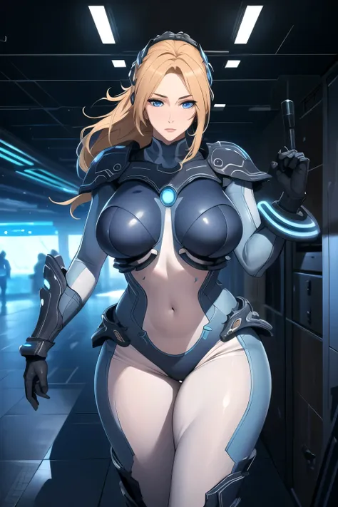 masterpiece, 8k, high quality  of (Beautiful) (starcraft_nova), (Star Craft), (detailed face), maximum details, (diffuse lighting),  (cinematic:1.2), (ISO 100:1), (sexy), (standing), (war field), (gigantic chest), (very tight suit) (blue eyes) (chest armor...