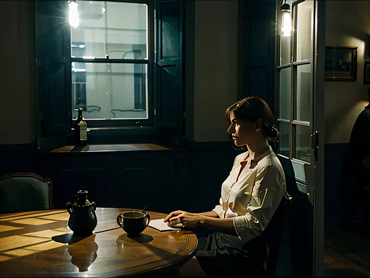 edward hopper style painting, man and woman sitting at table, night time, light through window, very large room