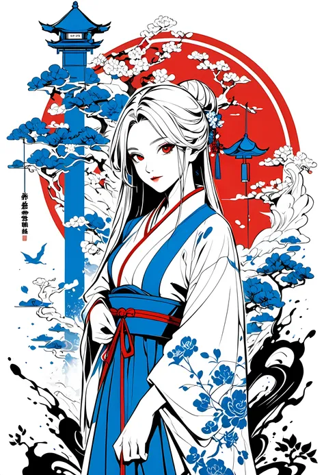 1 Girl wearing Chinese Hanfu, Blue and white porcelain, Blue and red graphic logo illustration, vector, Simple design, intricate details, monochrome, pure white background, Imitation of Wu Guanzhong style, Nature, ink splatter, splash of color