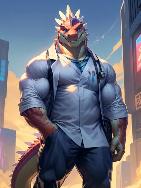 solo, anthro, furry, furry male, Alligator, ((spiny scales, scale, detailed muscles)), (alligator print), orange body, redscale, Feather on head,  undershirt, loose clothes, snout, blue eyes, tail, detailed teeth, detailed face, detailed scales, detailed f...