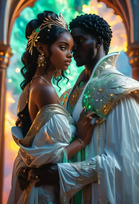 Two ((((darkskinned))) loving duos in a celestial landscape, at a heavenly ball, two young dark-skinned couples in their 20s, they are in love, the first ((((darkskinned))) couple is an imperial duke with ((gray eyes)) and a dark-skinned red-haired celesti...