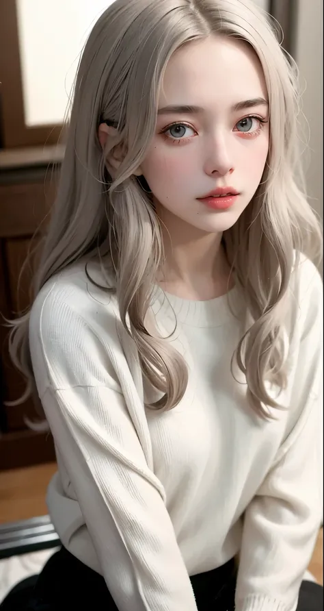 Girl, long, soft hair, gray eyes, sharp features, white skin, sweater